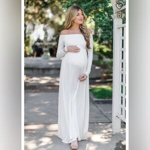 PinkBlush Petite Ivory Solid Off Shoulder Maternity Maxi Dress